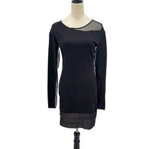 BCBGMaxazria NWT Black Knit Mesh Shoulder Long Sleeve Mini Sheath Dress